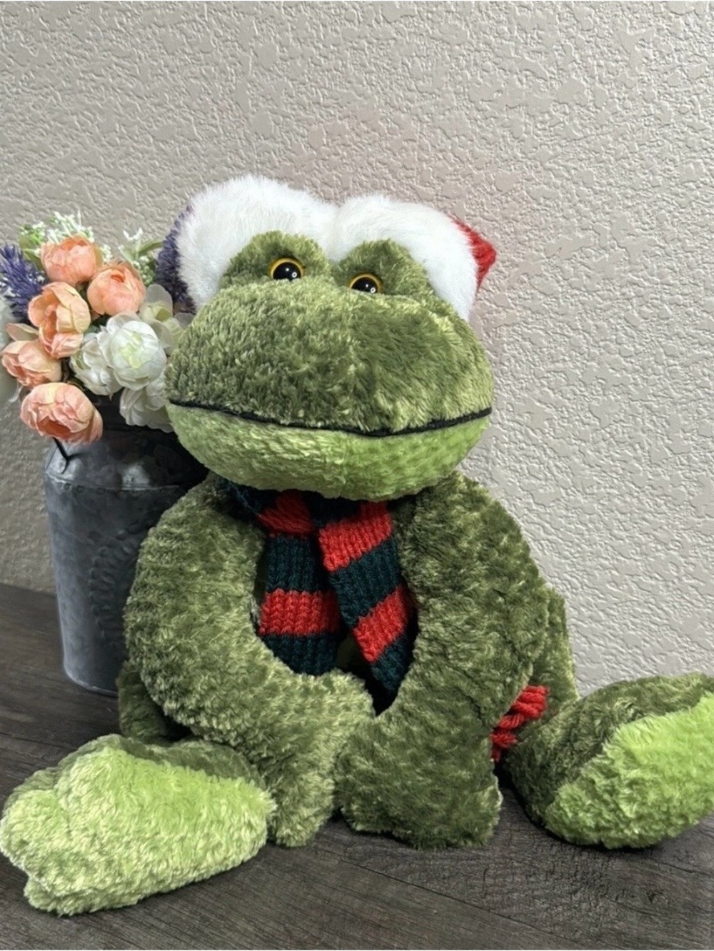 Vintage Dillards Christmas Frog Wearing Santa Hat & Knitted Scarf 17" Plush